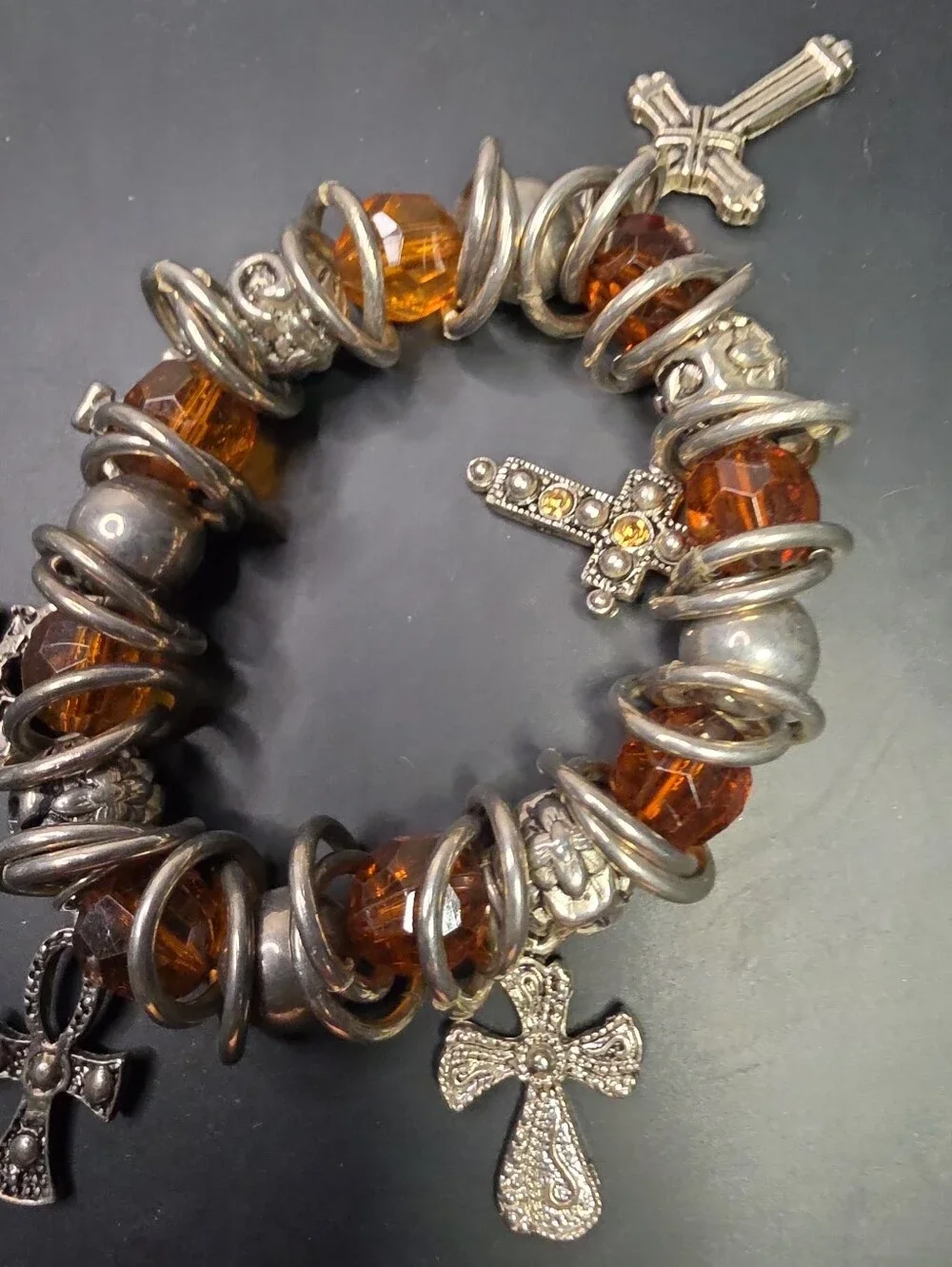 Amber Glass Bead Cross Charm Stretch Bracelet - Women Jewelry